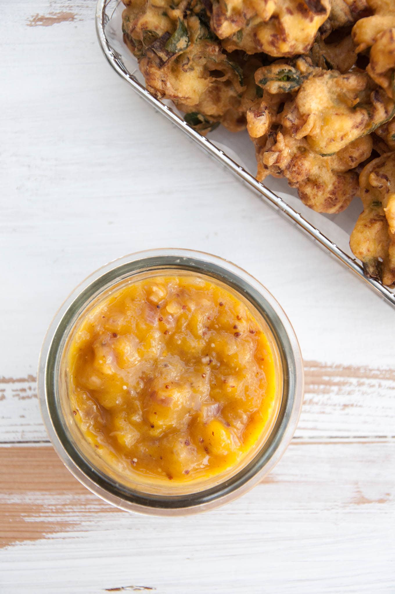 Mango Chutney from the top with Vegetable Pakoras