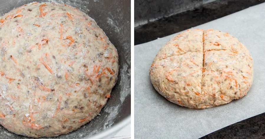 Carrot Bread dough and carrot bread on a baking tray before baking