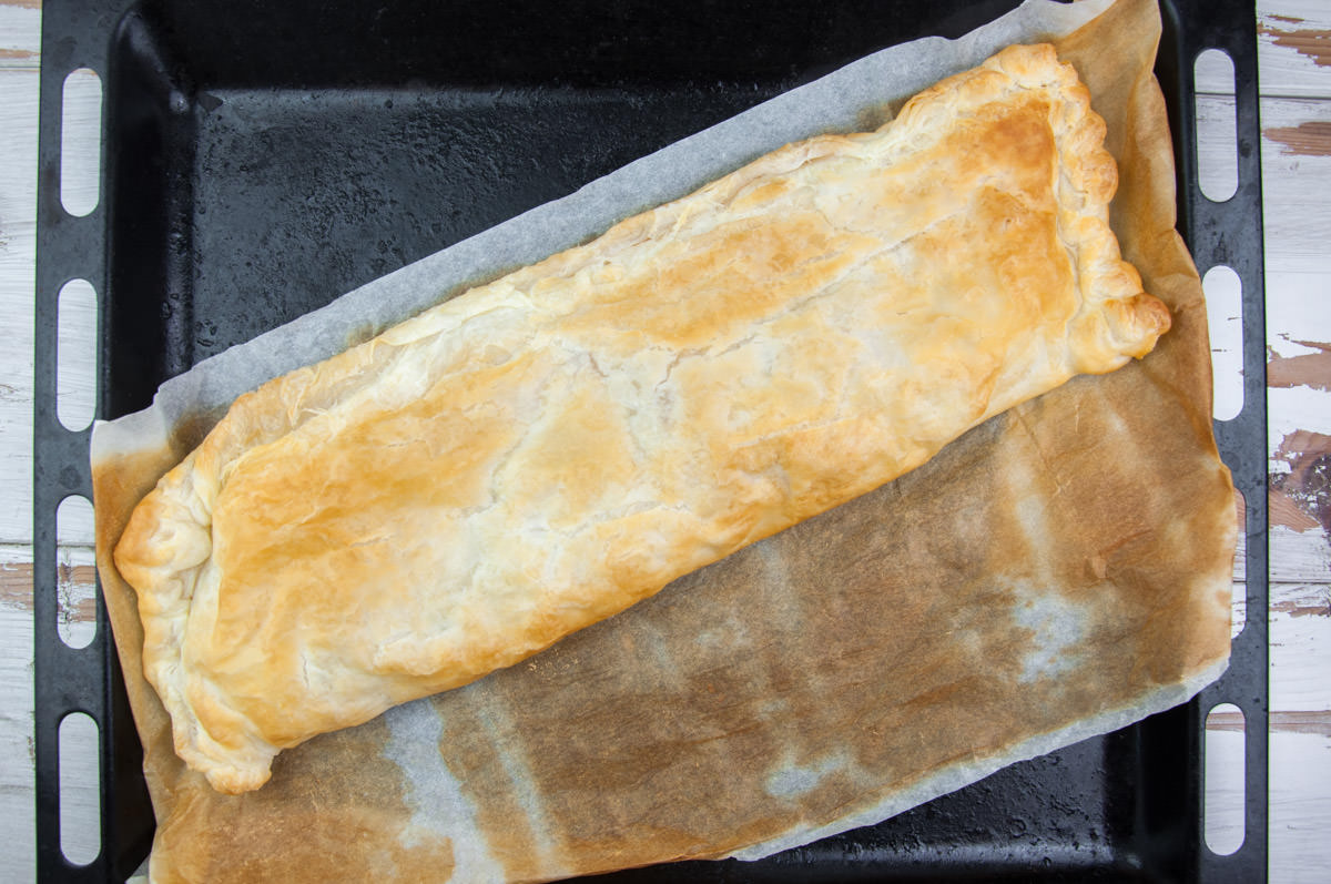 baked apple strudel on a baking tray
