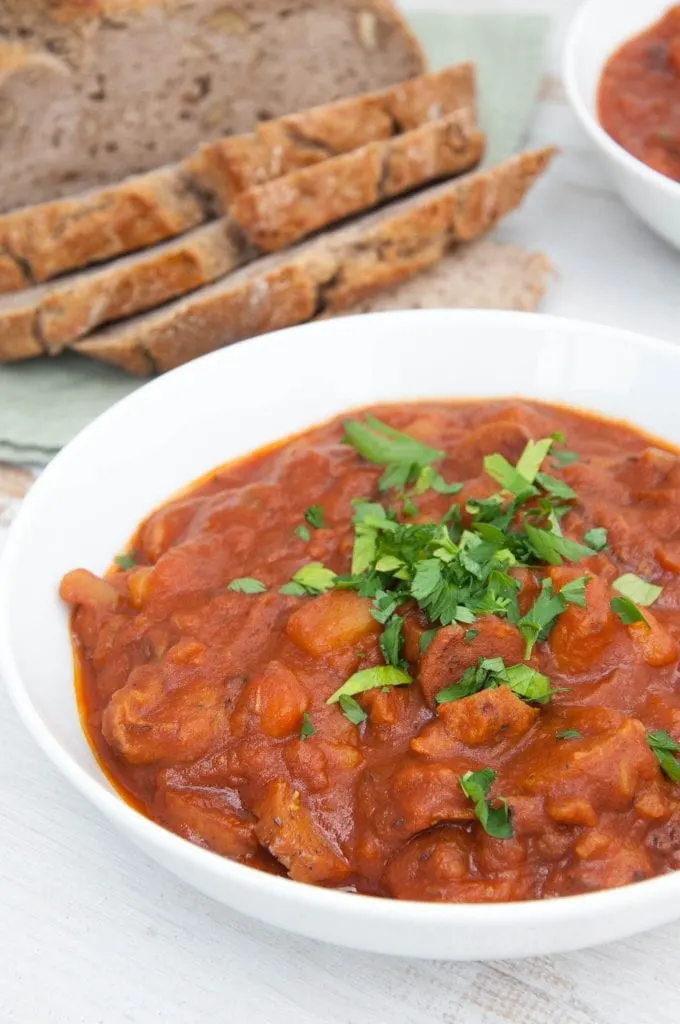 Vegan Goulash with Homemade Sausages