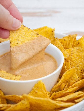 Vegan Nooch Cheese Sauce with tortilla chips