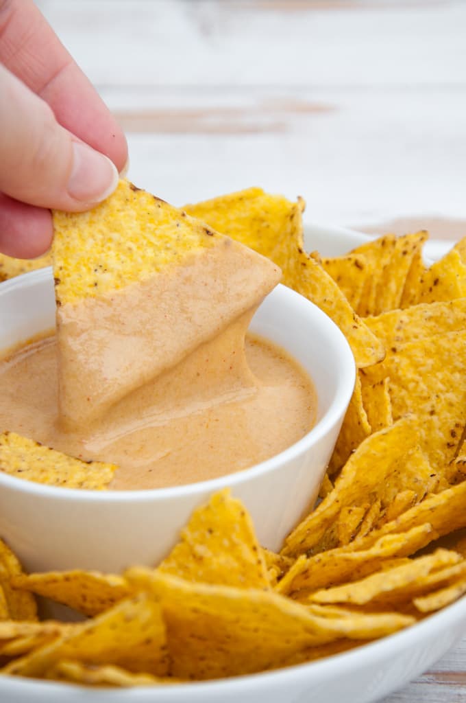 Vegan Nooch Cheese Sauce with tortilla chips