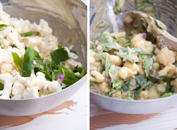 cauliflower and spinach for vegetable pakoras before and after the batter is added