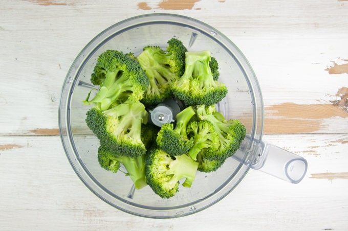 Broccoli florets in a food processor