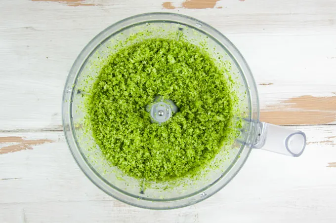 Shredded broccoli in a food processor