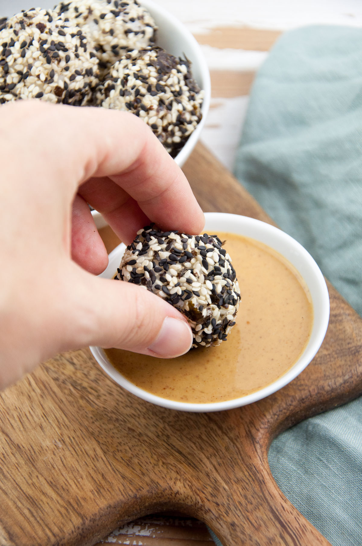 Sushi Rice Balls and Peanut Wasabi Dip