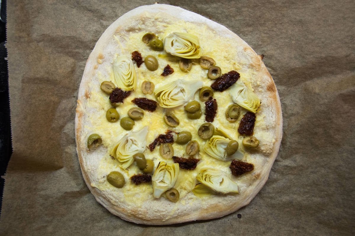 vegan white pizza before baking