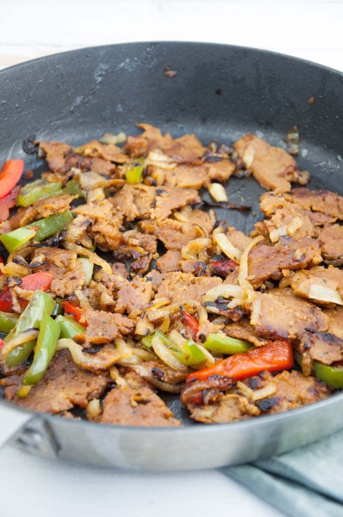 Vegan Philly Cheesesteak Seitan with bell pepper