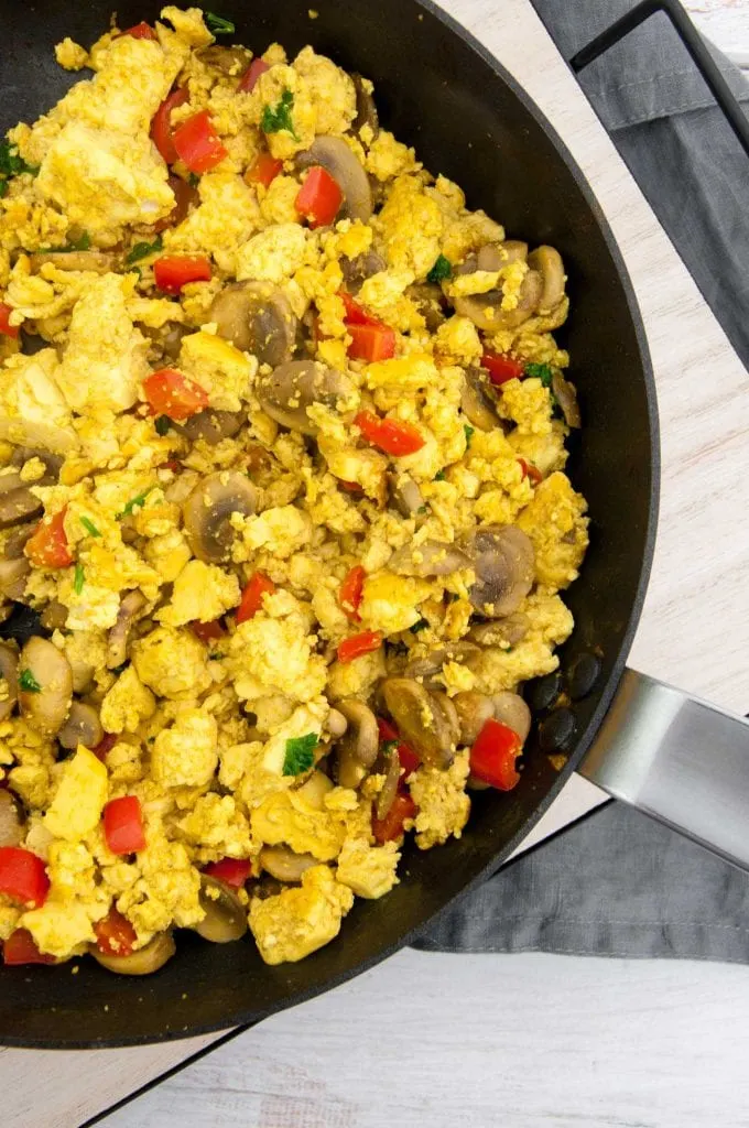 Tofu Scramble with Mushrooms and Bell Pepper in a pan