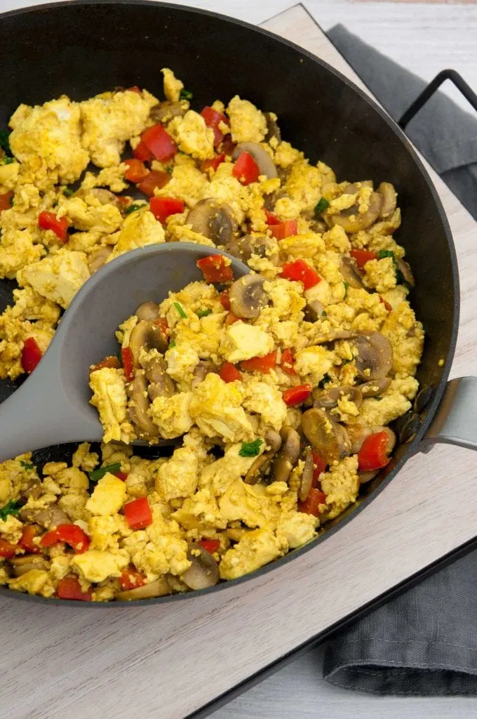 Tofu Scramble with Mushrooms and Bell Pepper in a pan