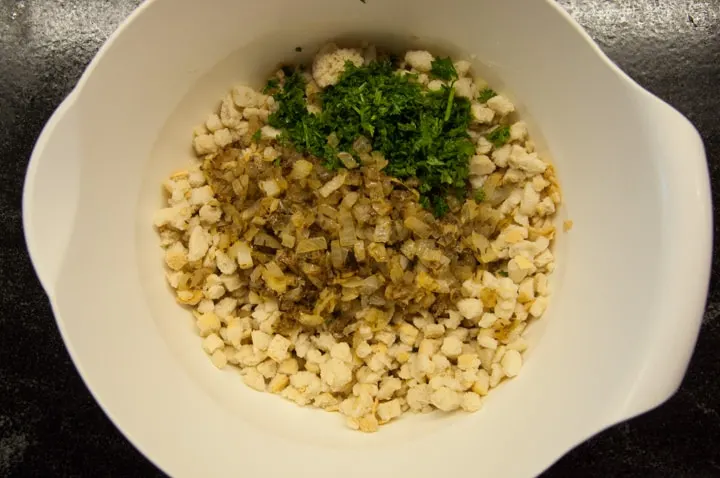 bread cubes, onions, and parsley for bread dumplings