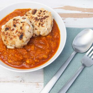 Vegan Pumpkin Goulash with two pan-fried Bread Dumplings