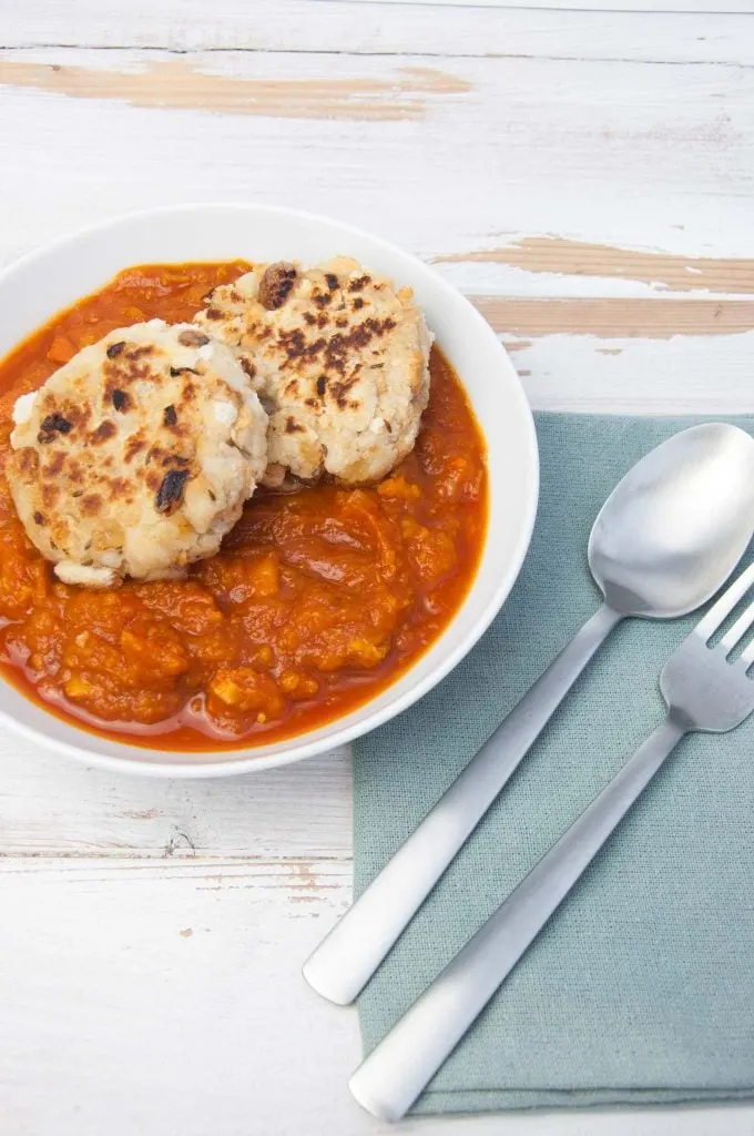 Vegan Pumpkin Goulash with two pan-fried Bread Dumplings