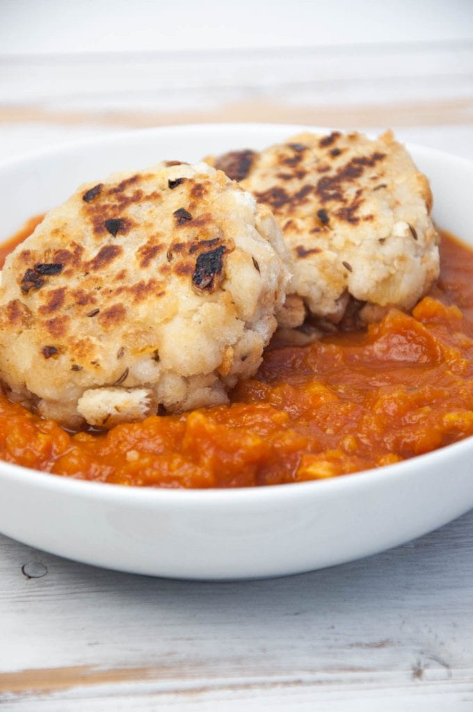 Vegan Pumpkin Goulash with two pan-fried Bread Dumplings