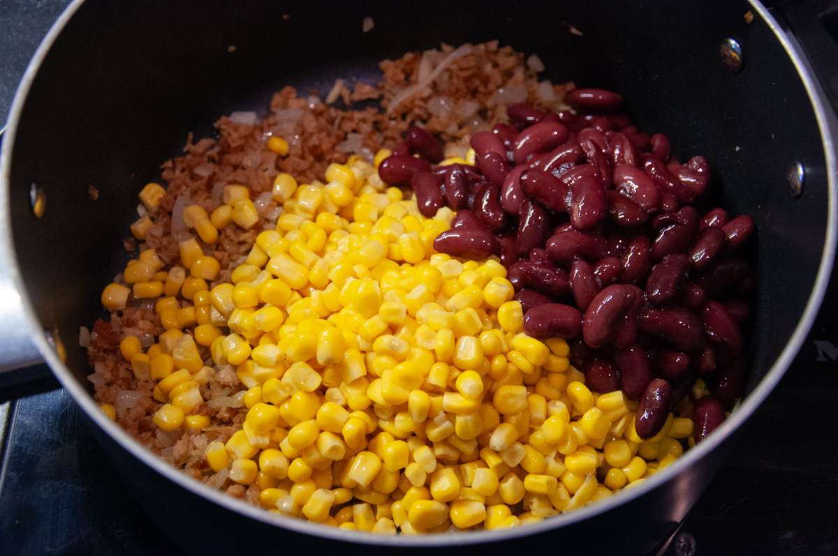 soy granule, corn and beans in a pot