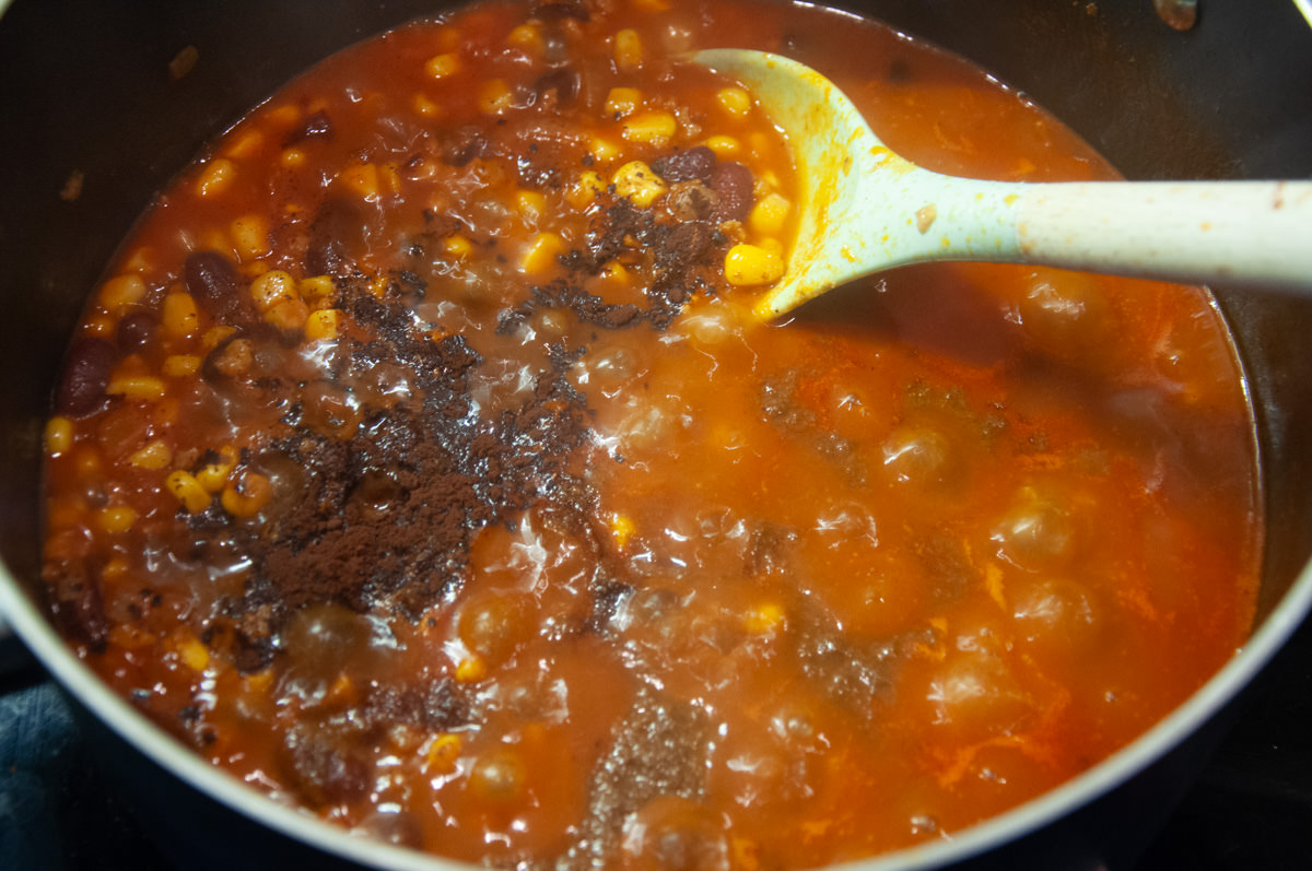 Meaty Vegan TVP Chili in a pot