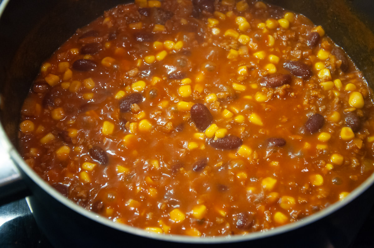 Meaty Vegan TVP Chili in a pot