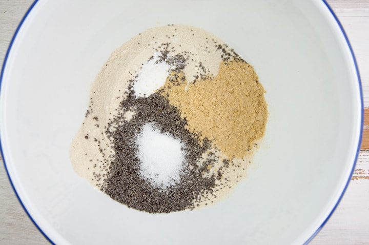 dry ingredients for poppy seed crackers in a bowl