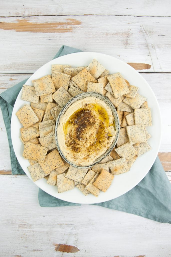 Vegan Poppy Seed Crackers served with Za'atar Hummus