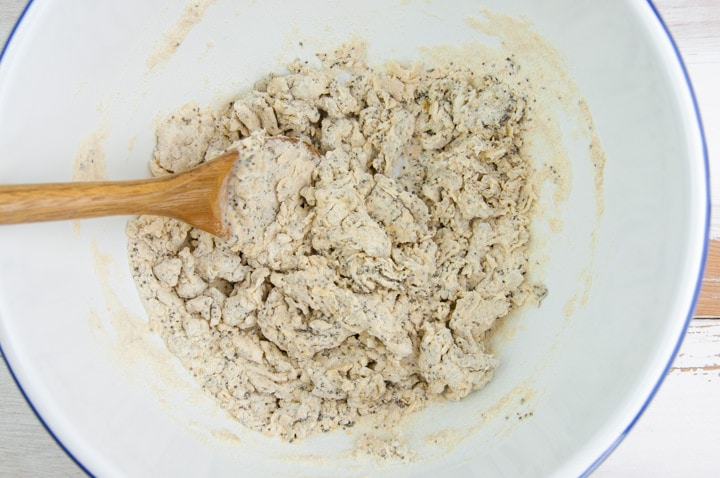 combining dry and wet ingredients for poppy seed crackers