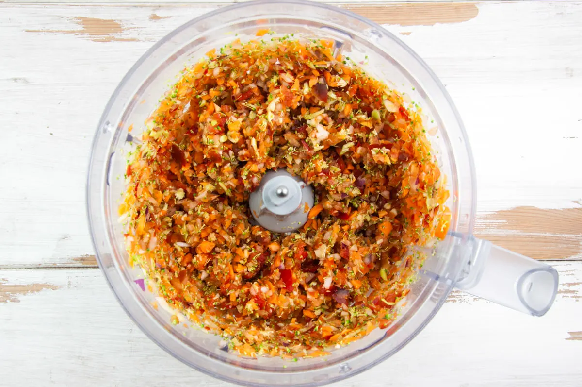 chopped veggies in food processor