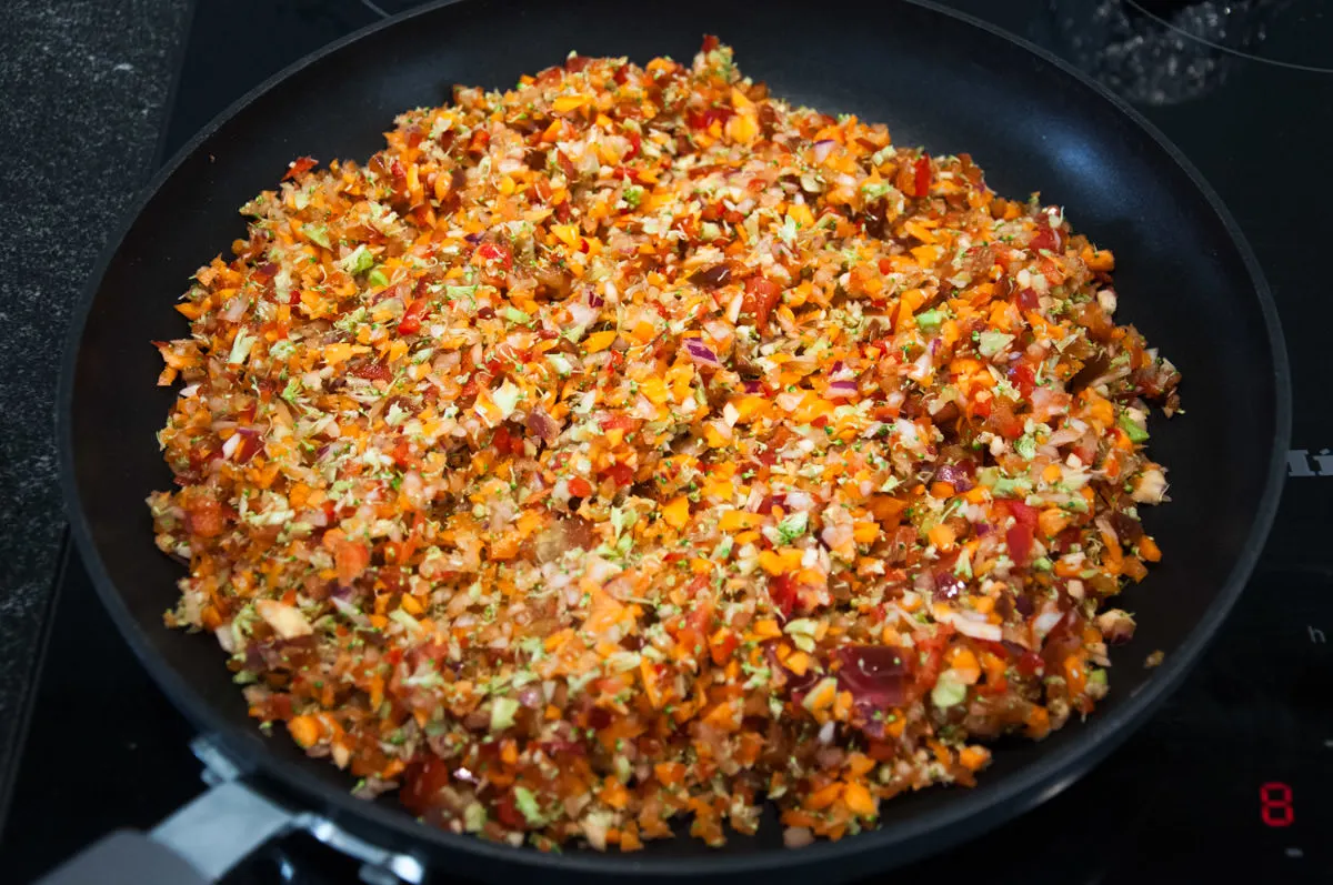 chopped veggies in pan