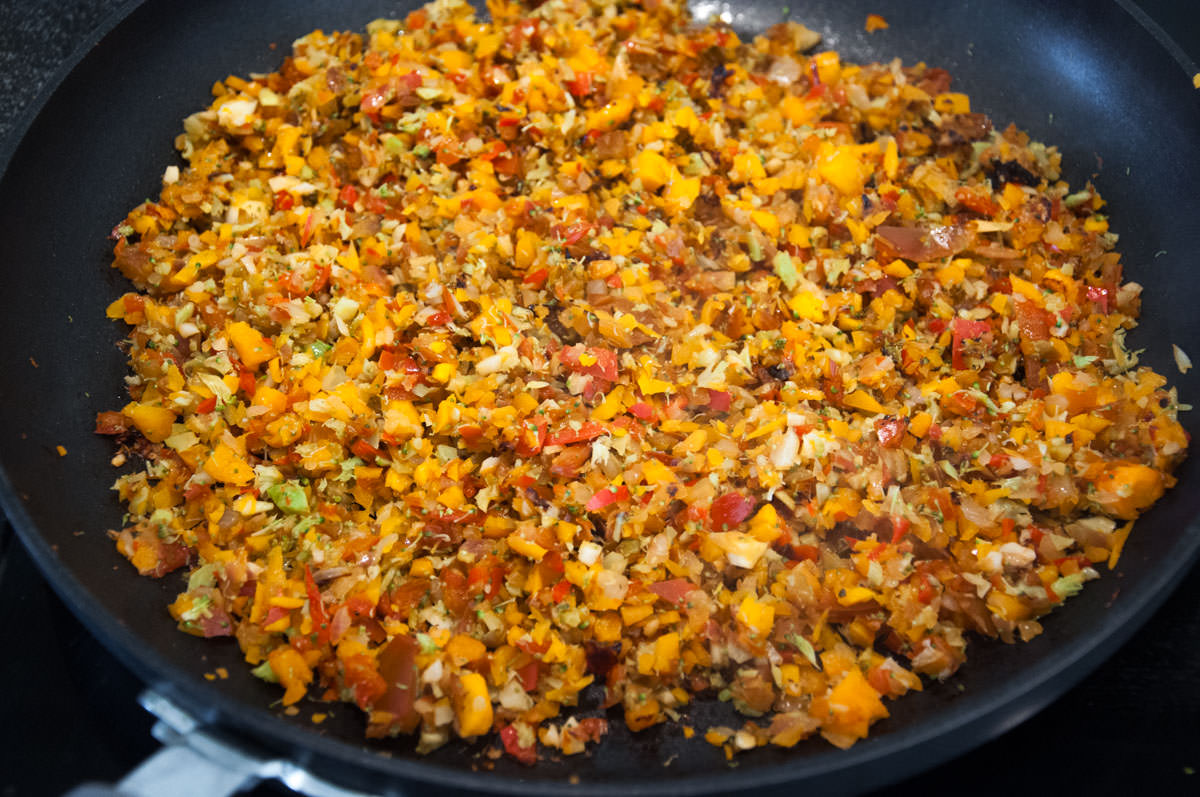 chopped veggies in pan