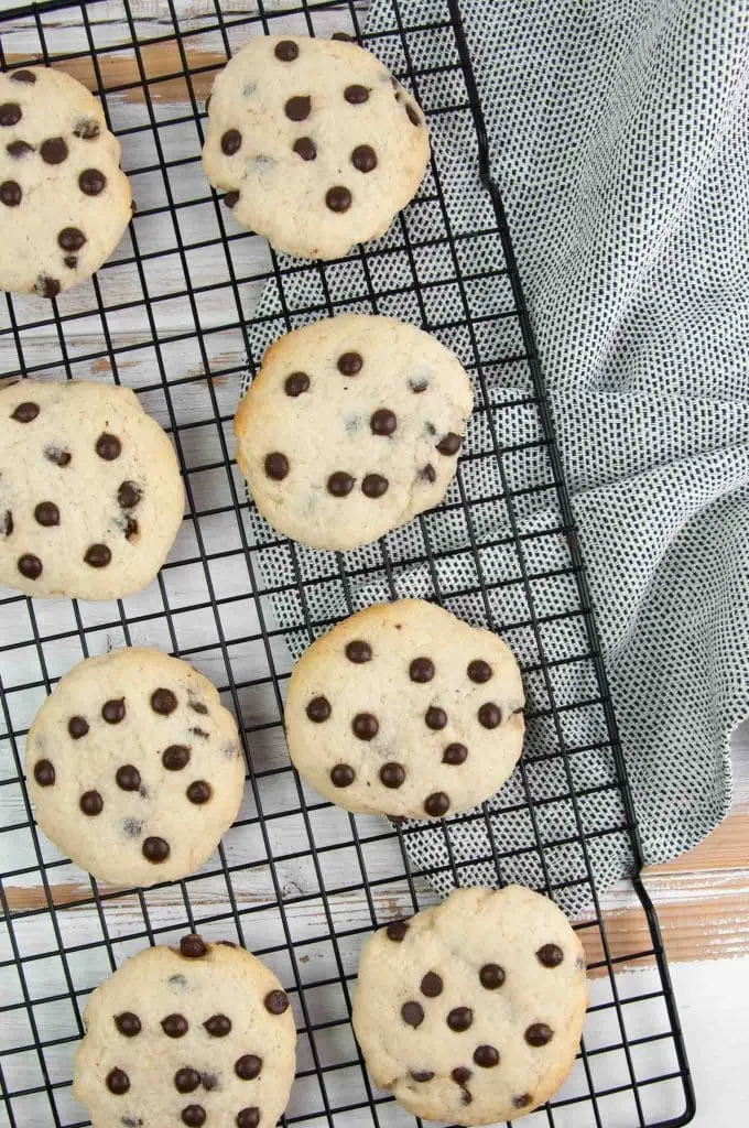 Soft Baked Vegan Chocolate Chip Cookies on a cooling wire