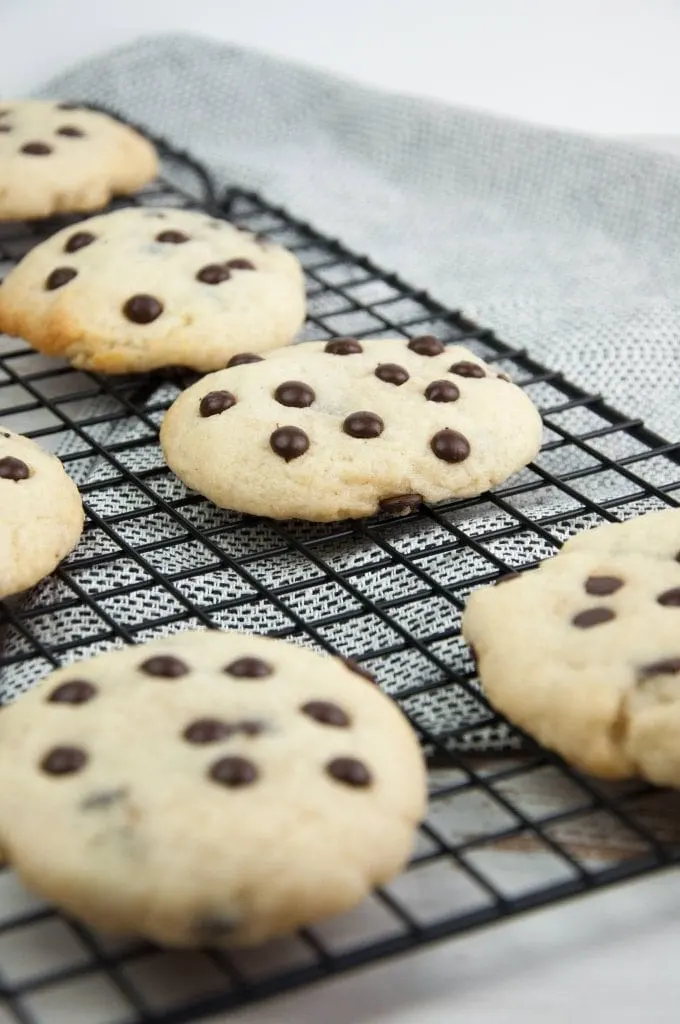 Soft Baked Vegan Chocolate Chip Cookies on a cooling wire