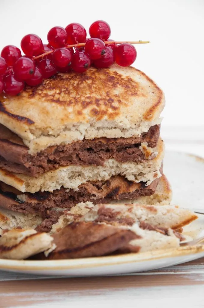 Vegan Cocoa and Vanilla Pancake Tower from the side - inside look