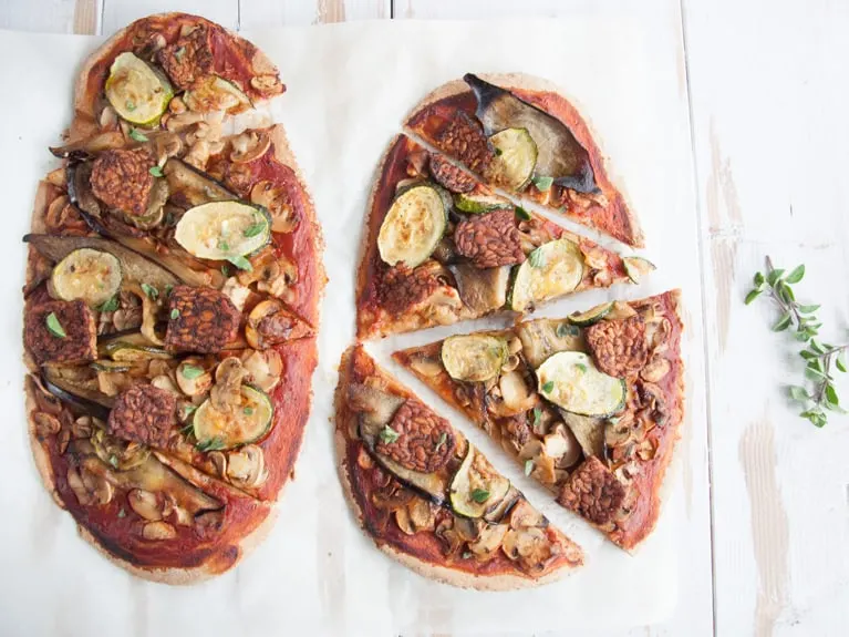 Vegan Whole Wheat Roasted Veggie & Tempeh Pizza