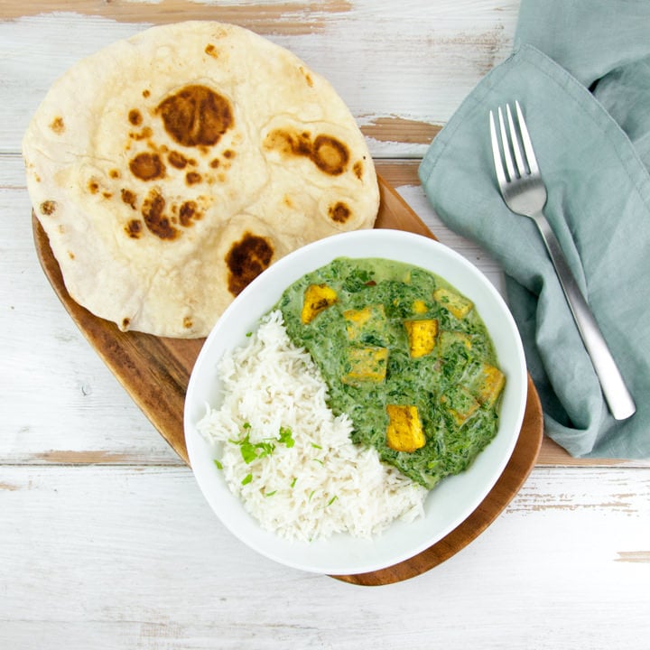 Vegan Palak Tofu Paneer with basmati rice and naan