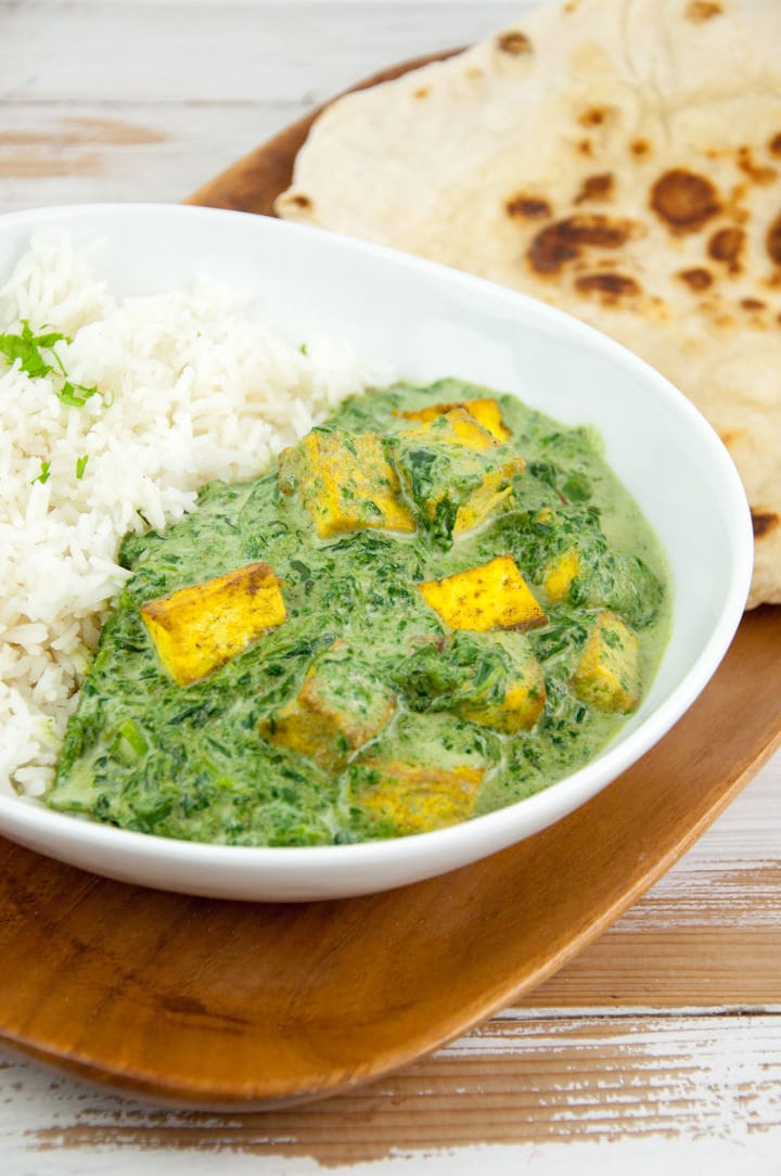 Vegan Palak Tofu Paneer with basmati rice and naan