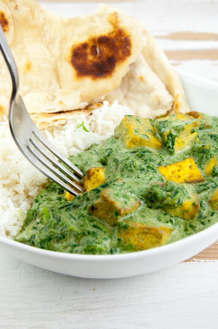 Vegan Palak Tofu Paneer with basmati rice and naan