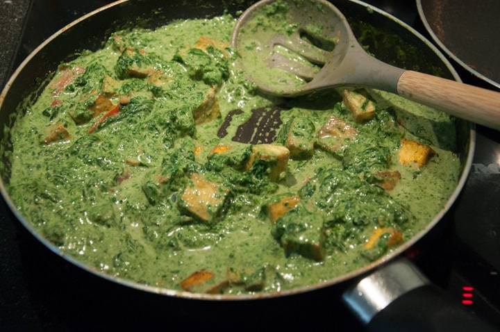 Vegan Palak Tofu Paneer in pan