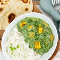 Vegan Palak Tofu Paneer with basmati rice and naan