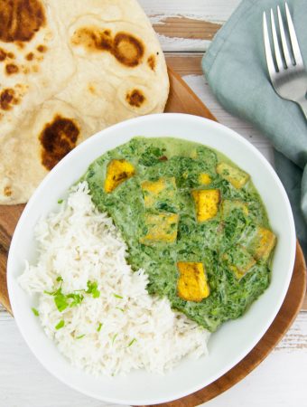 Vegan Palak Tofu Paneer with basmati rice and naan