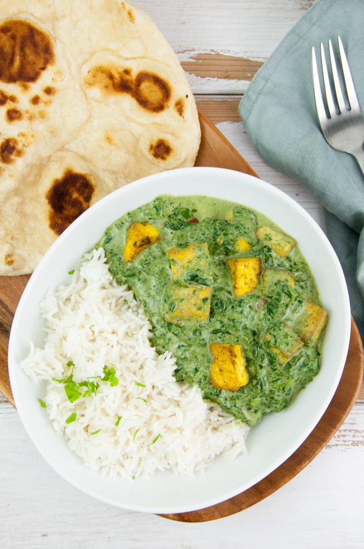 Vegan Palak Tofu Paneer with basmati rice and naan