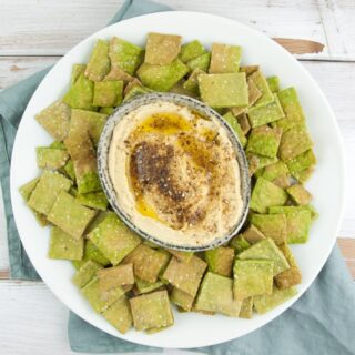 Vegan Spinach Sesame Crackers served with Zaatar Hummus