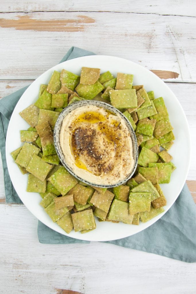 Vegan Spinach Sesame Crackers served with Zaatar Hummus