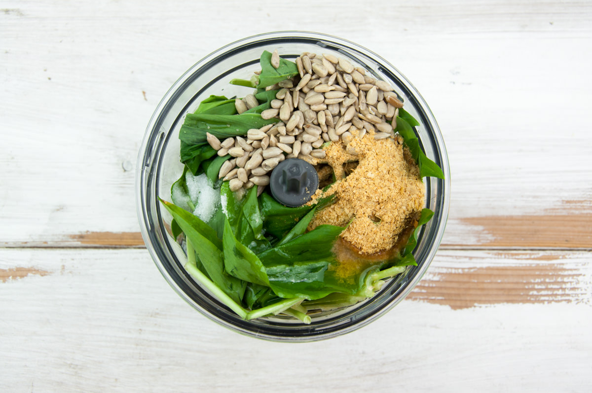 Nut-Free Wild Garlic Pesto in a food processor