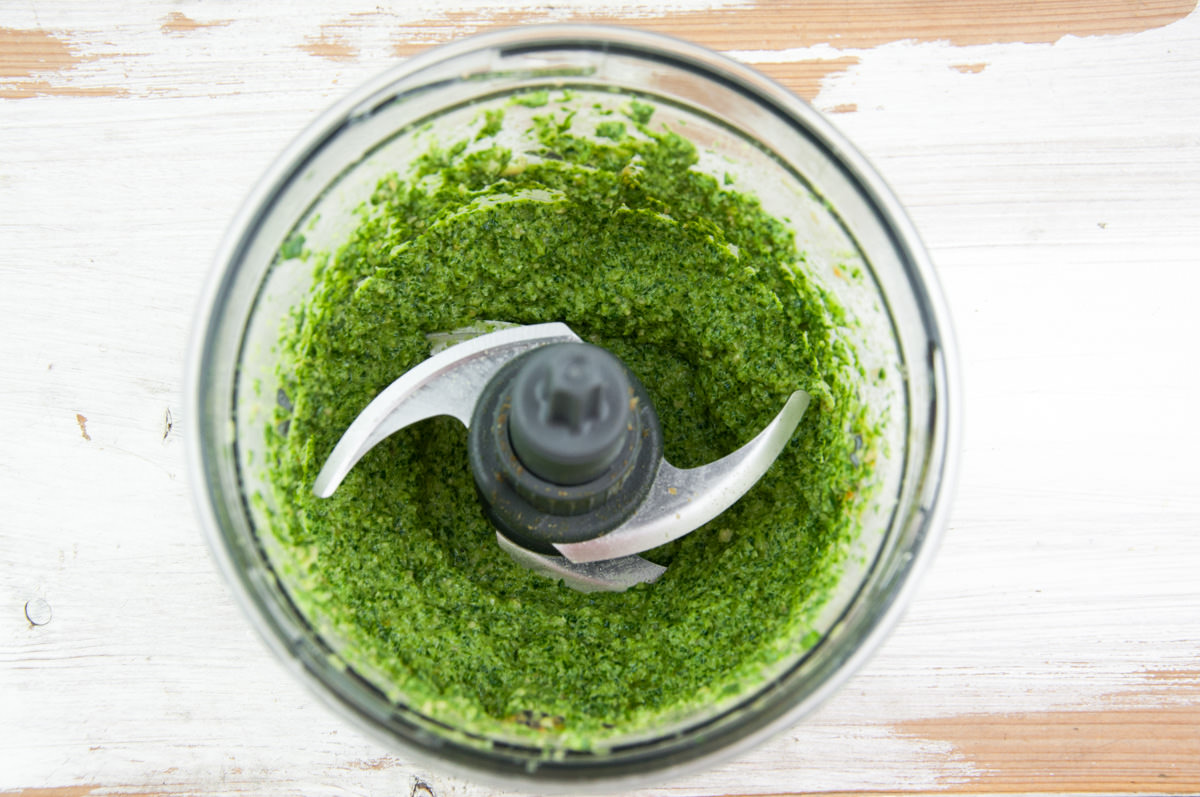 Nut-Free Wild Garlic Pesto in a food processor