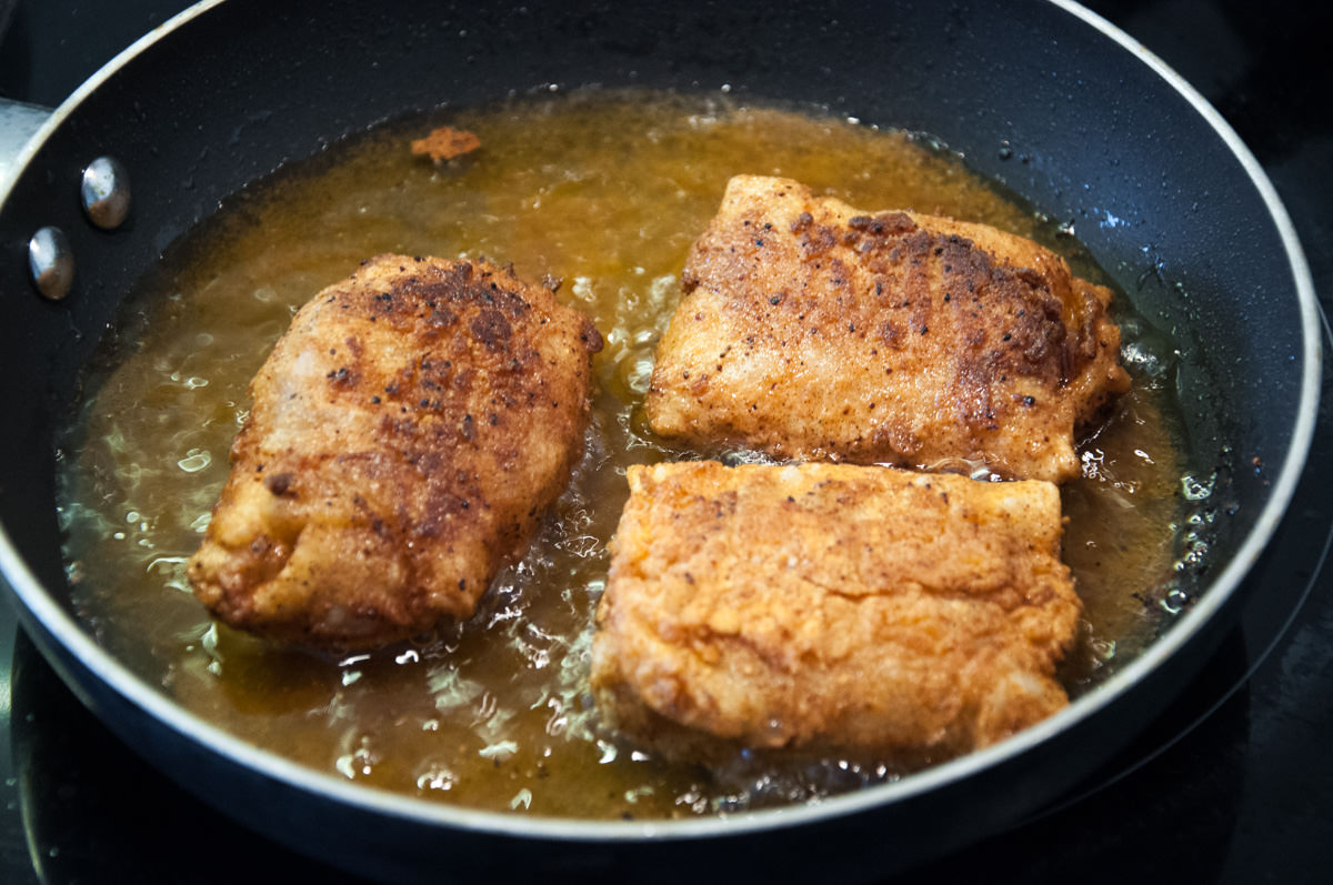 Vegan Fried TVP Chicken in the pan