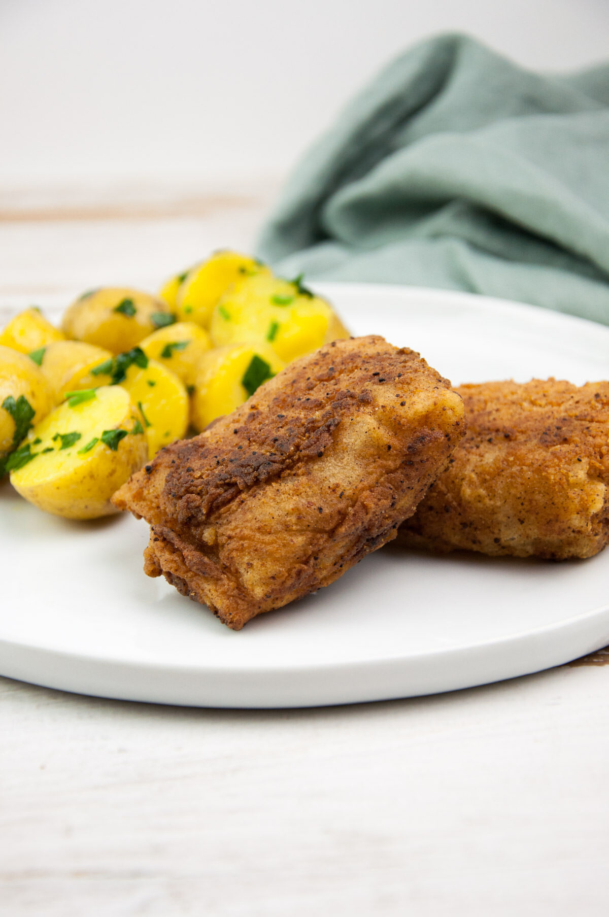 Vegan Fried TVP Chicken with parsley potatoes