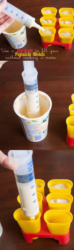 Use a syringe to fill your popsicle molds without making a mess