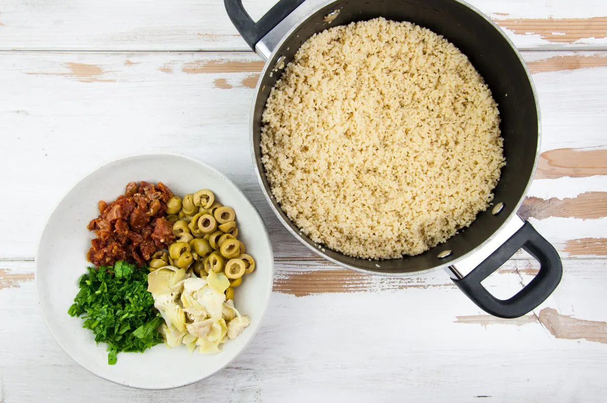 Mediterranean Couscous with olives, sun-dried tomatoes, and artichokes