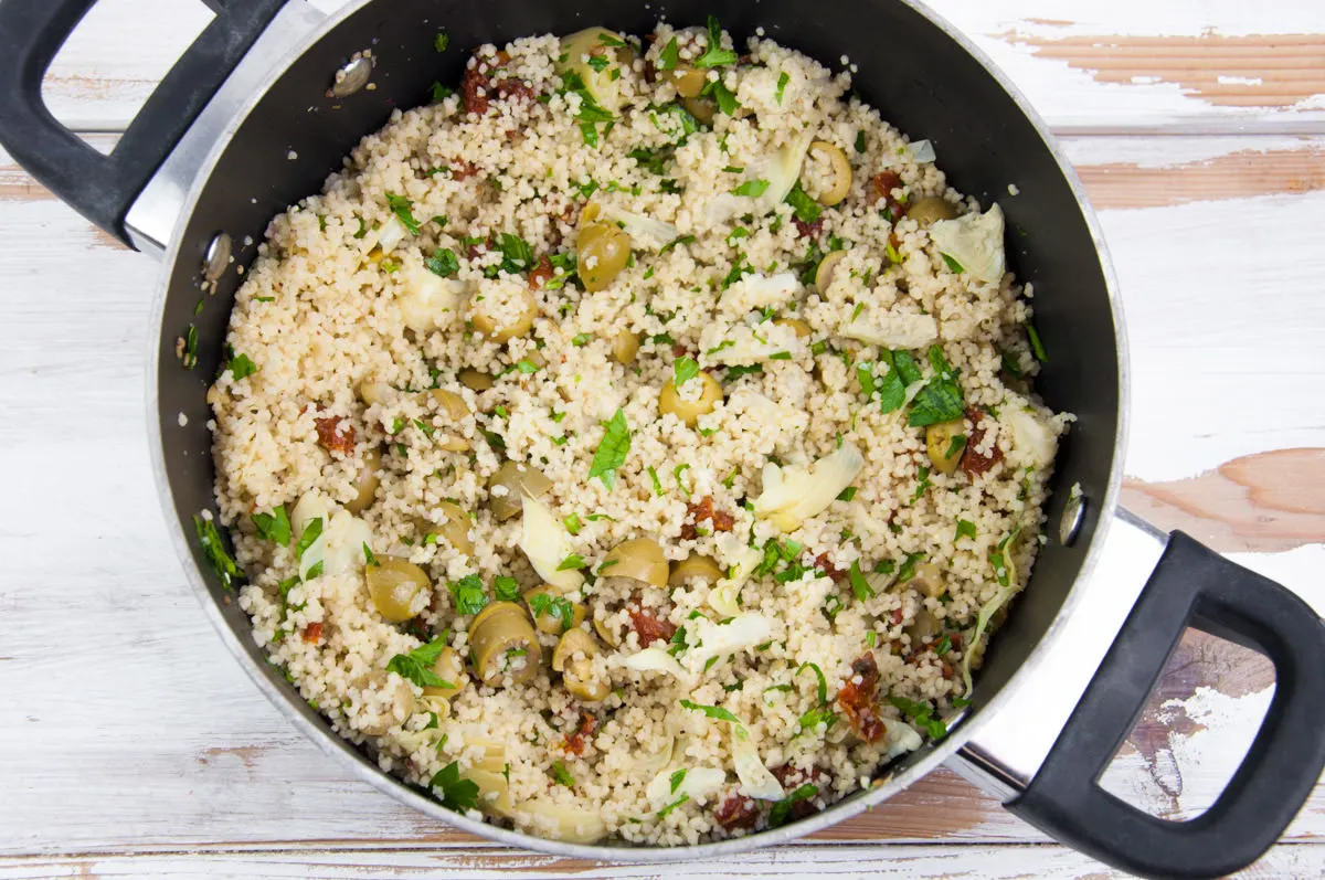 Mediterranean Couscous with olives, sun-dried tomatoes, and artichokes