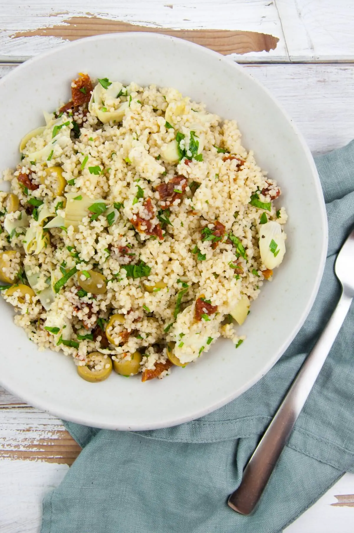 Mediterranean Couscous with olives, sun-dried tomatoes, and artichokes