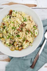 Mediterranean Couscous with olives, sun-dried tomatoes, and artichokes