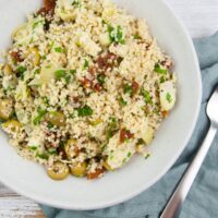 Mediterranean Couscous with olives, sun-dried tomatoes, and artichokes